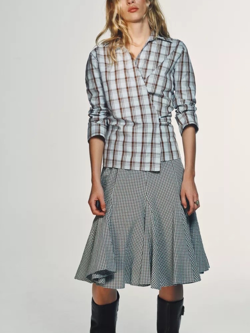 Zara Gingham godet A-Line midi Skirt